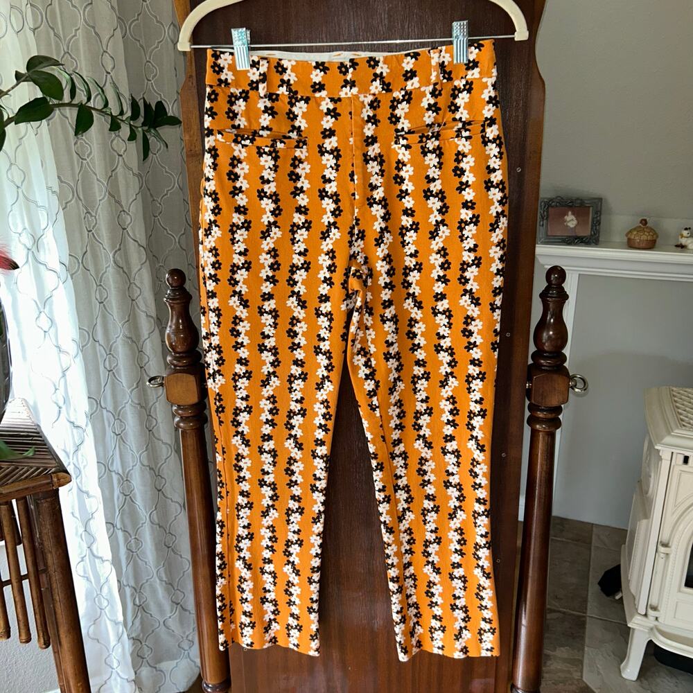 Anthropologie slim straight pants orange black and white floral pattern size 4 - Picture 1 of 10